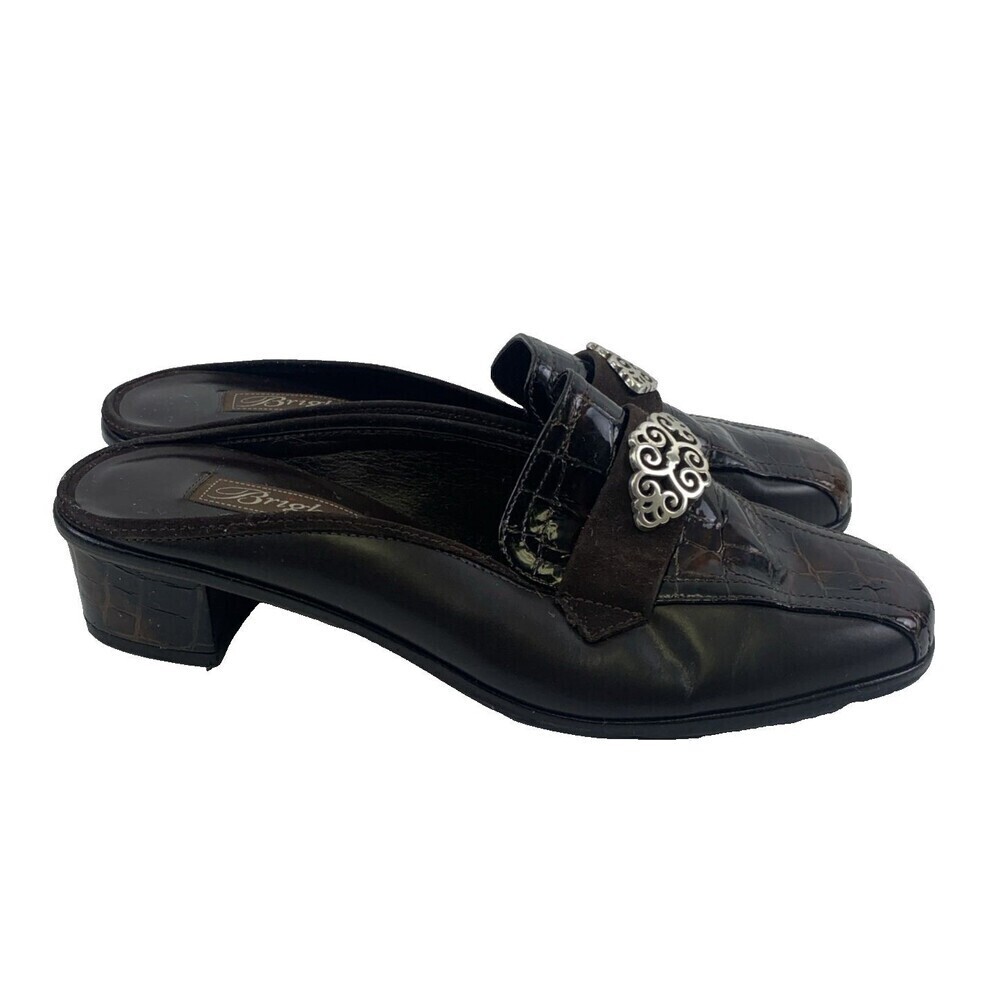 Brighton Avery Heel Mule Brown Croc Leather‎ Slip On Medallion Round Womens 7.5